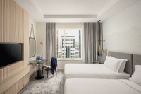Vibrant colors and sleek modern furnishings.