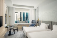 Vibrant colors and modern furnishings.