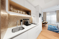 King Bed and City-view studio with full kitchen.