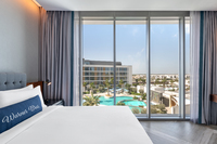 Modern room with pool view.