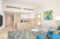 King bed, city view, sofa.